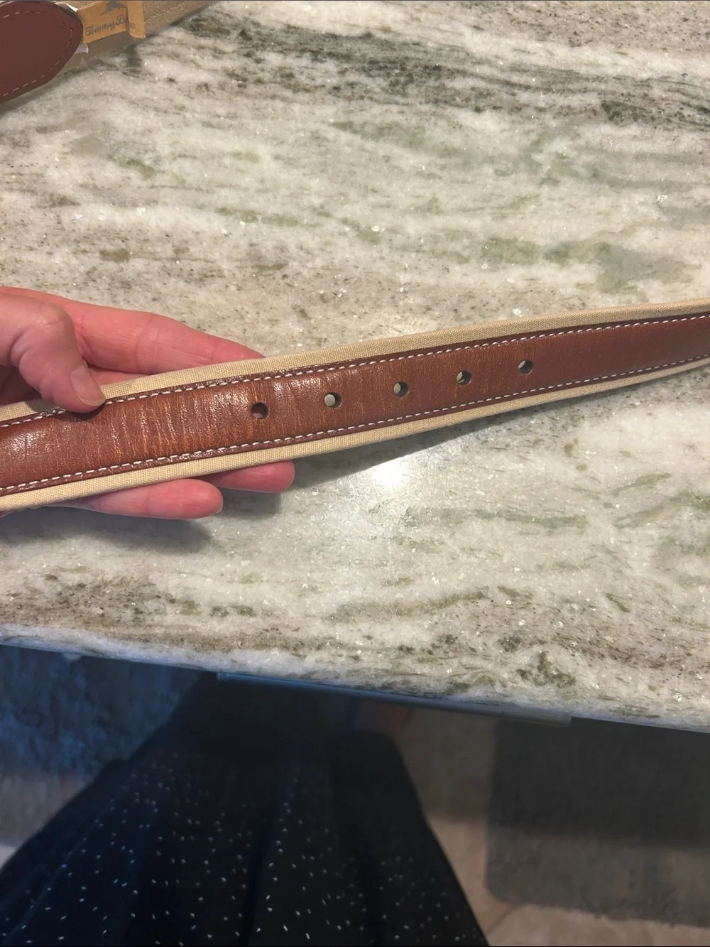 Tommy Bahama Brown and Cream Leather Belt with Contrast Inlay
